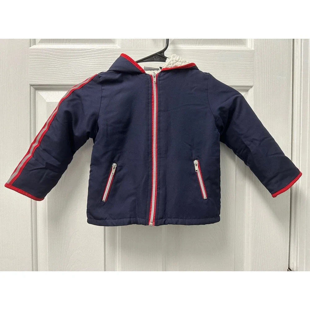 Mick Mack LTD Kids Navy Blue Sherpa Lined Hooded Winter Jacket Red Trim 3T READ